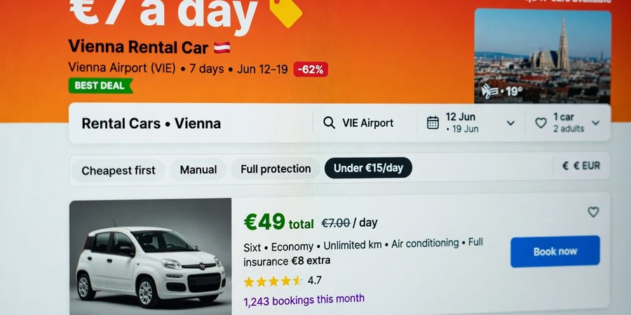Schermata di aggregatore con autonoleggio a Vienna a sette euro al giorno