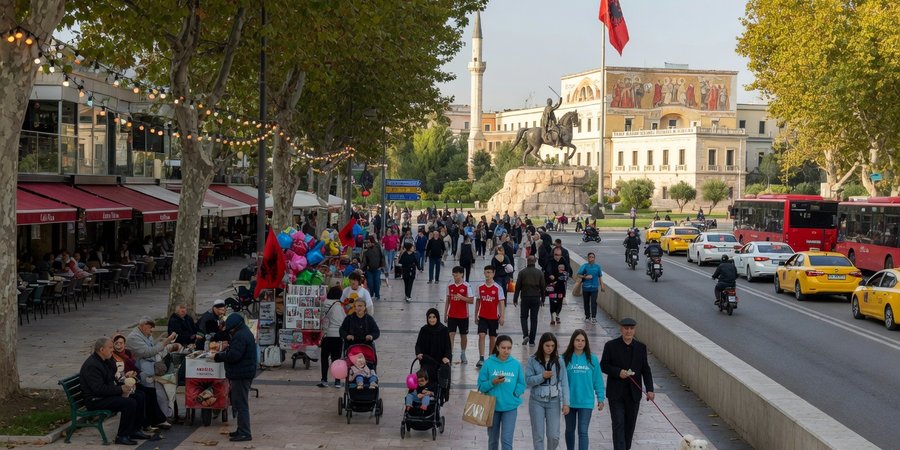 Pedoni sul boulevard vicino a piazza Skanderbeg nel centro di Tirana