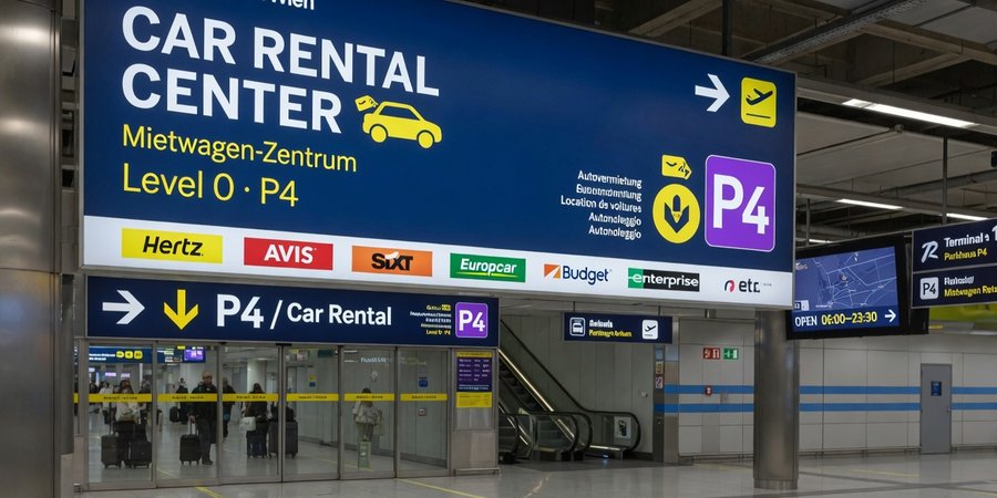 Cartelli Car Rental Center al livello 0 del parcheggio P4 di Vienna-Schwechat