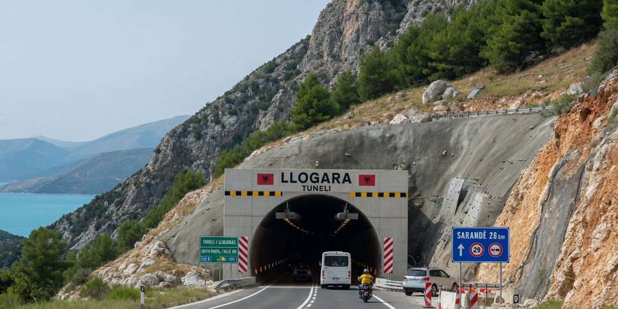 Portale sud del tunnel del Llogara sulla SH8 tra Valona e Saranda
