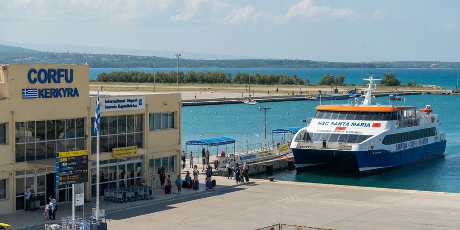Aeroporto di Corfù con un aliscafo per Saranda nel porto sullo sfondo