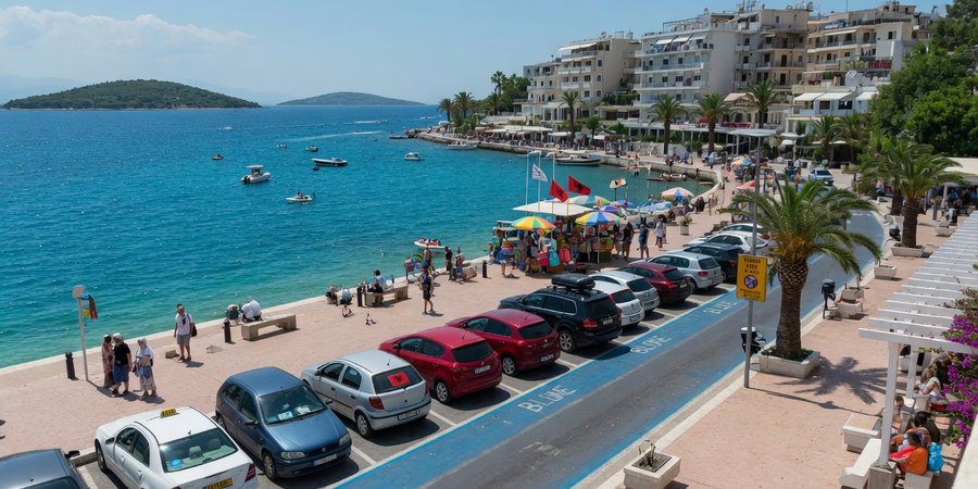 Lungomare di Saranda con auto in sosta nella zona blu in estate