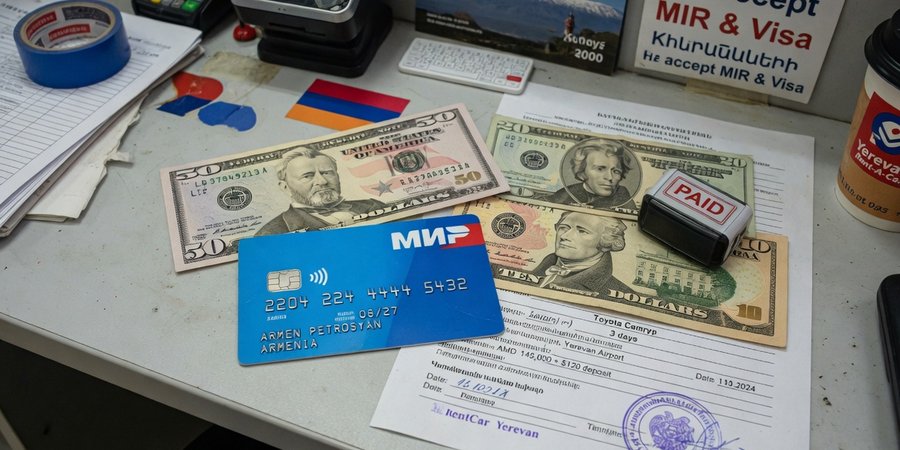 Carta di credito e banconote in euro al banco noleggio a Yerevan