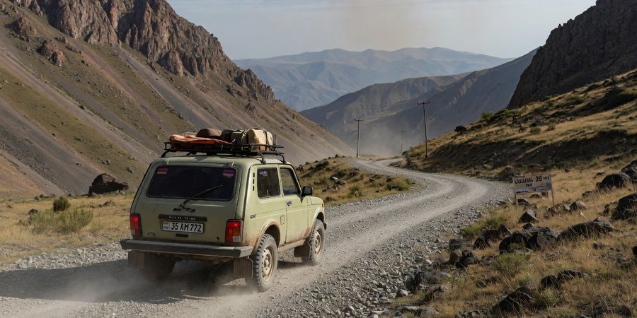 Lada Niva su una pista sterrata nelle montagne del Syunik, Armenia