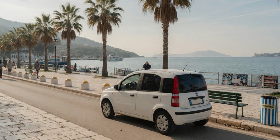 Auto a noleggio compatta sul lungomare di Saranda al sole mite d'inverno