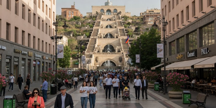 Pedoni sul Viale del Nord con la Cascata sullo sfondo, centro di Yerevan