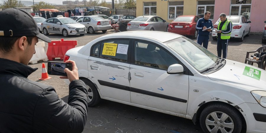 Cliente che filma la carrozzeria di un'auto a noleggio nel piazzale di Yerevan