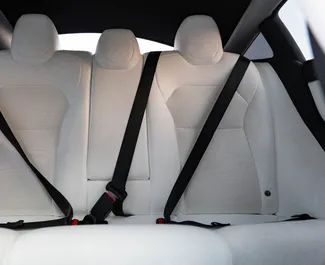 Interni di Tesla Model 3 in affitto negli Emirati Arabi Uniti. Un'ottima auto da 5 posti con cambio Automatico.