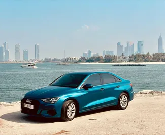 Vista frontale di un noleggio Audi A3 Sedan a Dubai, Emirati Arabi Uniti ✓ Auto #15996. ✓ Cambio Automatico TM ✓ 0 recensioni.